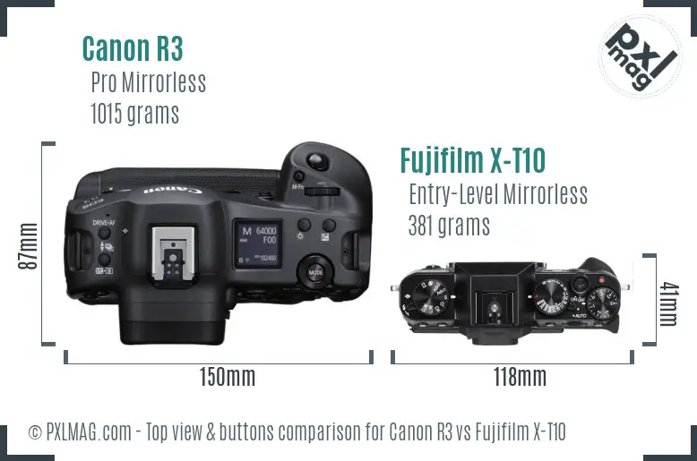 Canon R3 vs Fujifilm X-T10 top view buttons comparison Canon R3 vs Fujifilm X-T10 top view buttons comparison