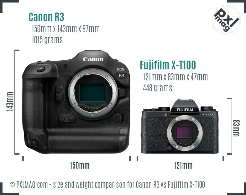 Canon R3 vs Fujifilm X-T100 size comparison