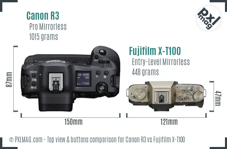 Canon R3 vs Fujifilm X-T100 top view buttons comparison