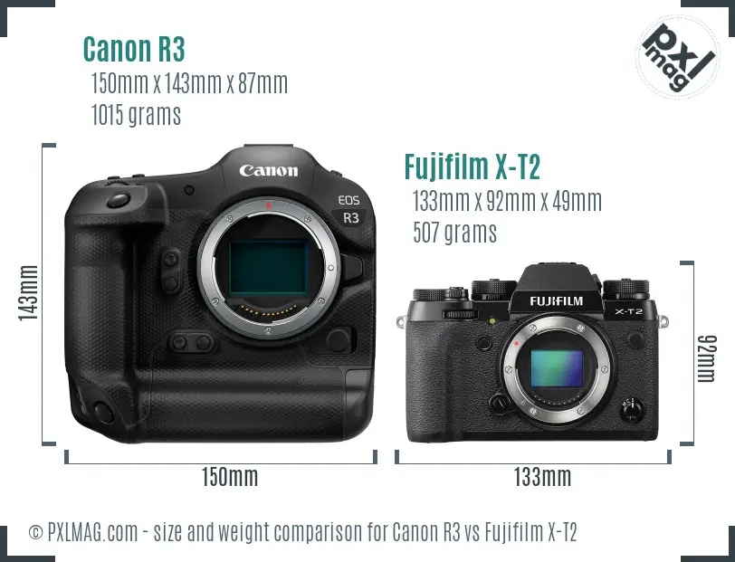 Canon R3 vs Fujifilm X-T2 size comparison