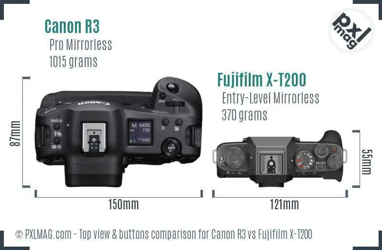 Canon R3 vs Fujifilm X-T200 top view buttons comparison