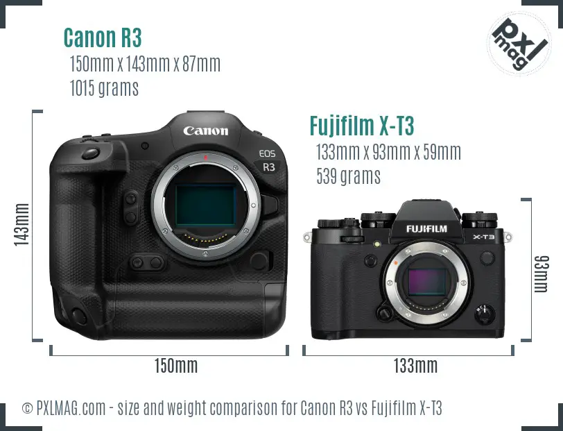 Canon R3 vs Fujifilm X-T3 size comparison