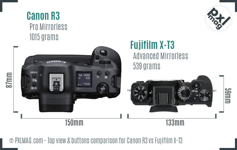 Canon R3 vs Fujifilm X-T3 top view buttons comparison