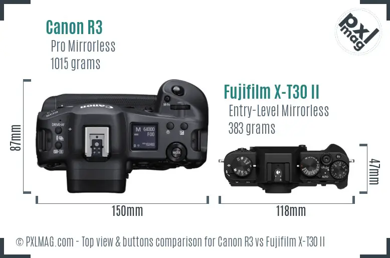 Canon R3 vs Fujifilm X-T30 II top view buttons comparison