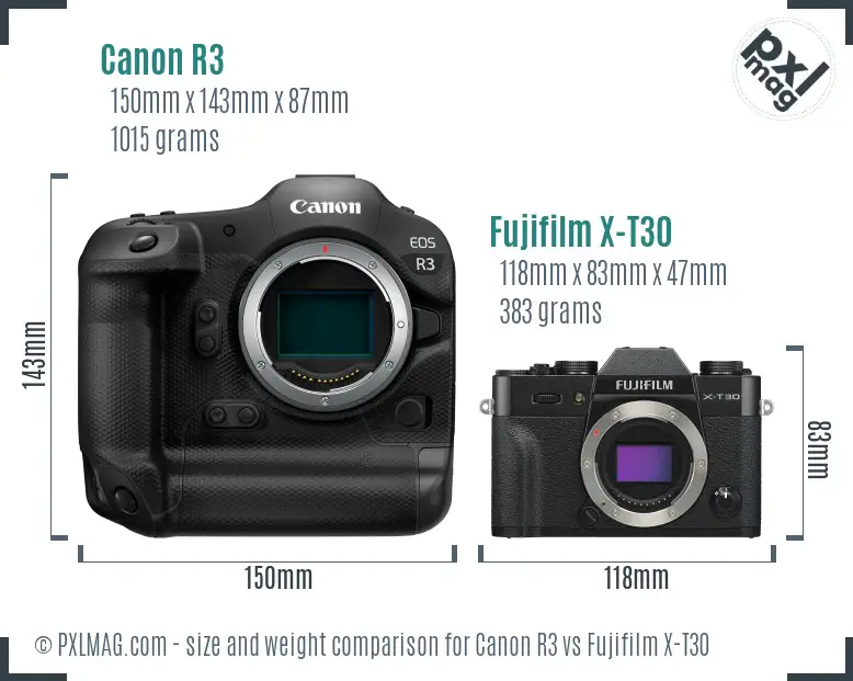 Canon R3 vs Fujifilm X-T30 size comparison