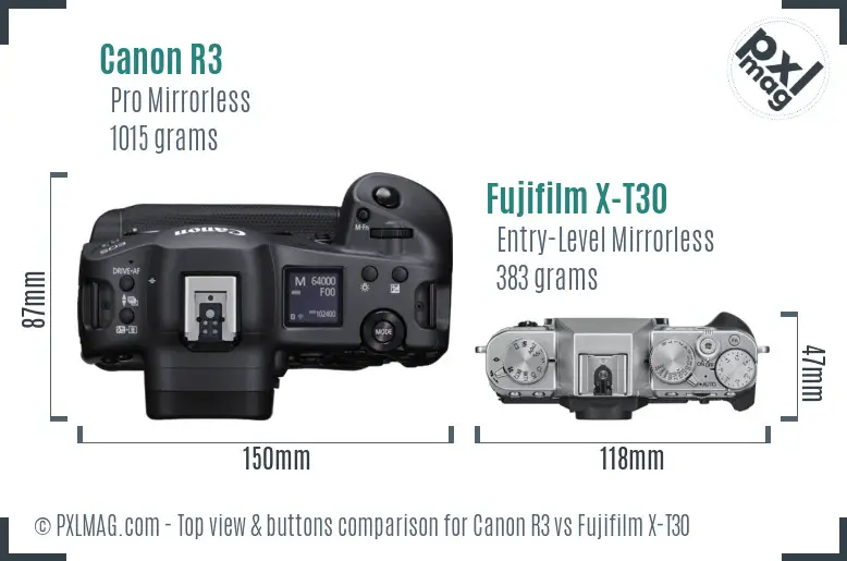 Canon R3 vs Fujifilm X-T30 top view buttons comparison
