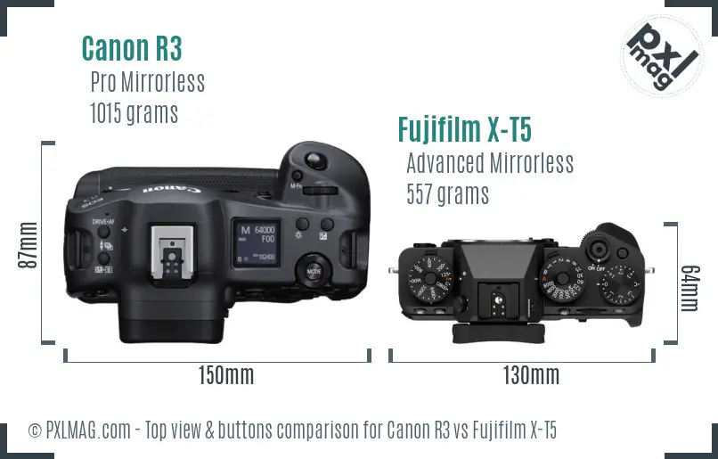 Canon R3 vs Fujifilm X-T5 top view buttons comparison