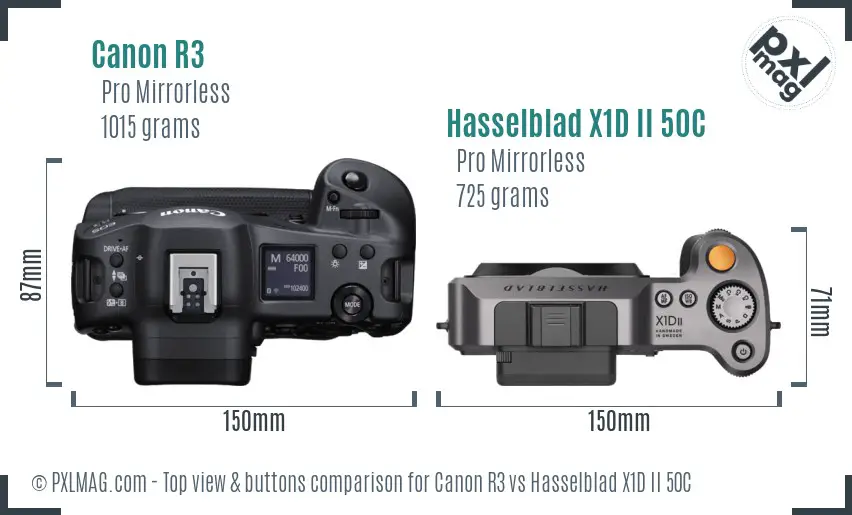 Canon R3 vs Hasselblad X1D II 50C top view buttons comparison