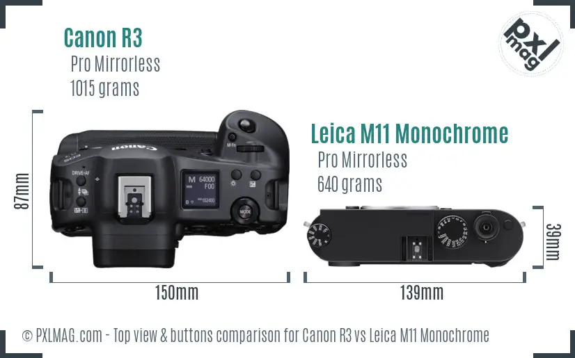 Canon R3 vs Leica M11 Monochrome top view buttons comparison