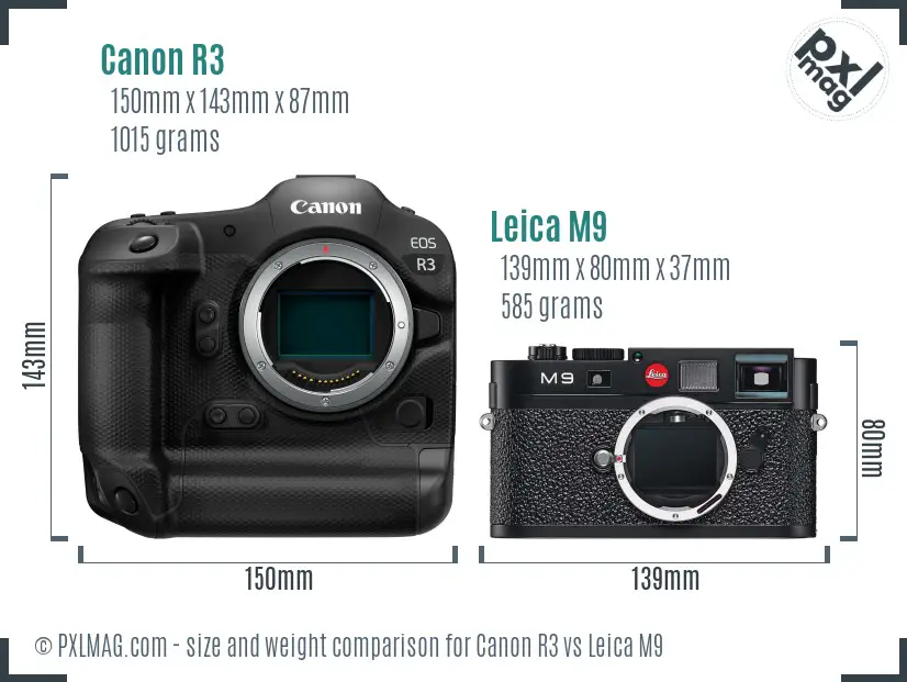 Canon R3 vs Leica M9 size comparison