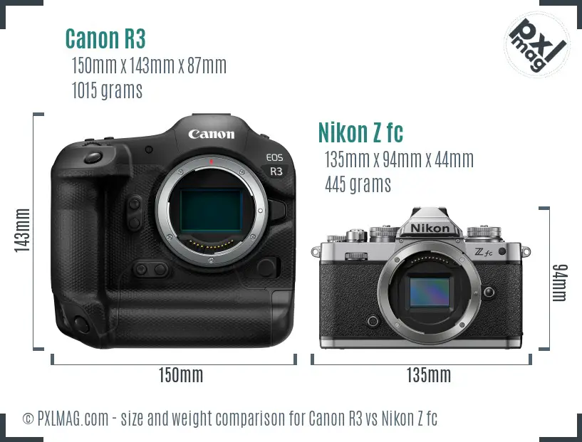 Canon R3 vs Nikon Z fc size comparison