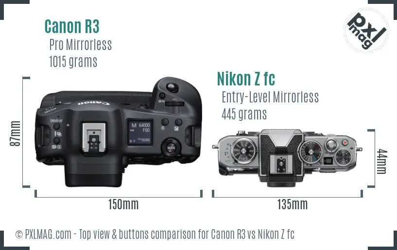 Canon R3 vs Nikon Z fc top view buttons comparison