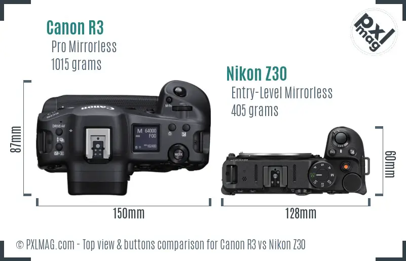 Canon R3 vs Nikon Z30 top view buttons comparison