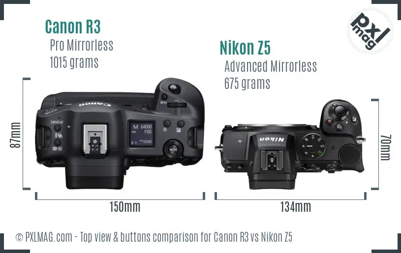 Canon R3 vs Nikon Z5 top view buttons comparison