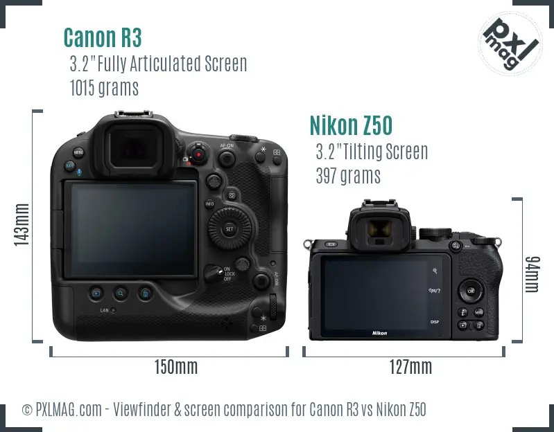 Canon R3 vs Nikon Z50 Screen and Viewfinder comparison