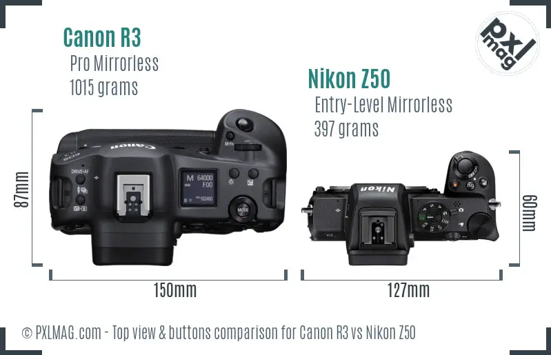 Canon R3 vs Nikon Z50 top view buttons comparison