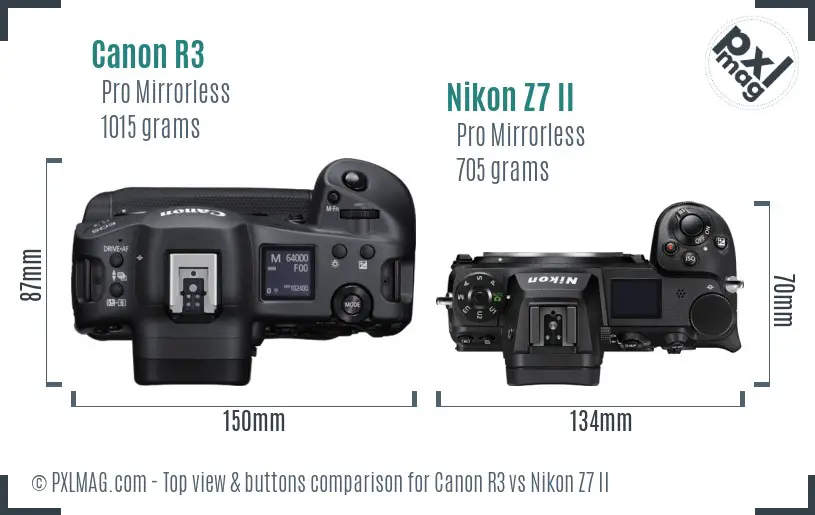 Canon R3 vs Nikon Z7 II top view buttons comparison