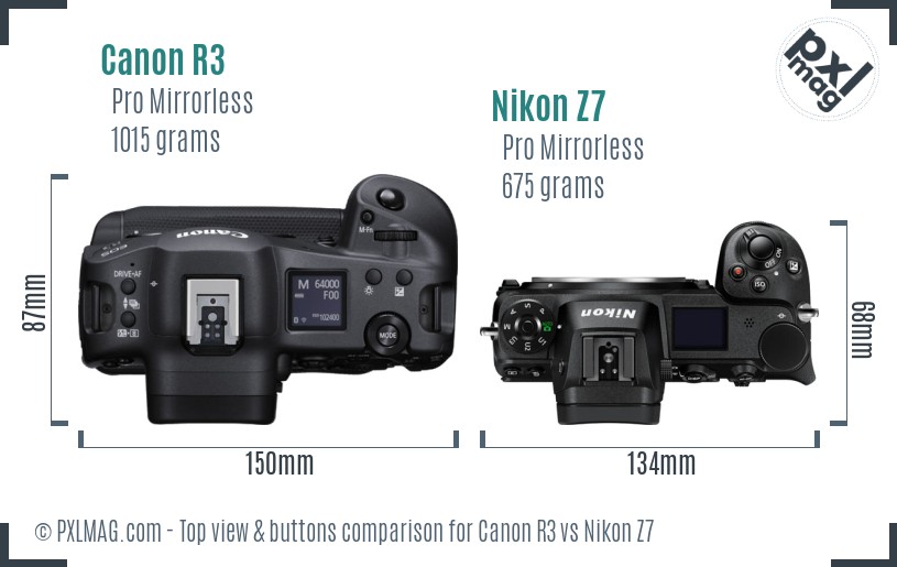 Canon R3 vs Nikon Z7 top view buttons comparison