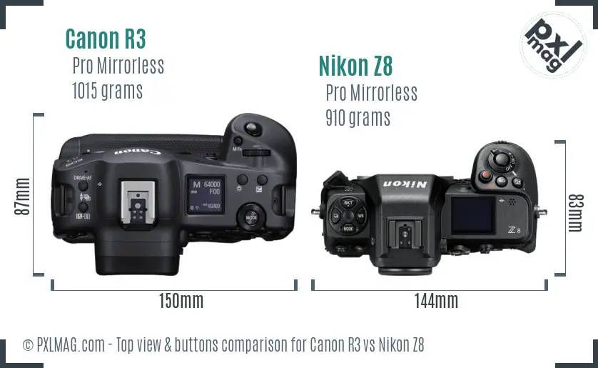 Canon R3 vs Nikon Z8 top view buttons comparison