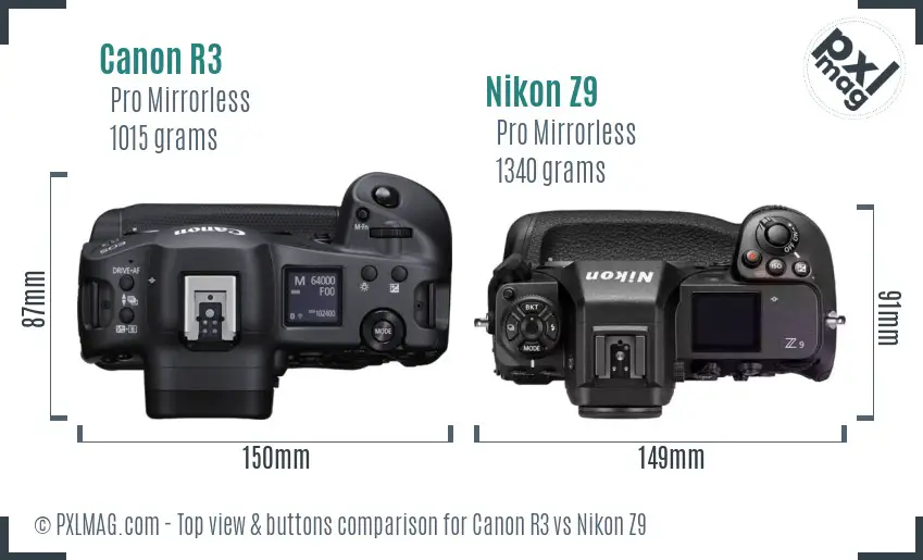 Canon R3 vs Nikon Z9 top view buttons comparison