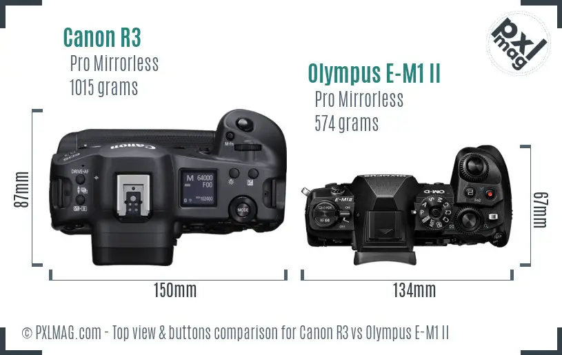 Canon R3 vs Olympus E-M1 II top view buttons comparison