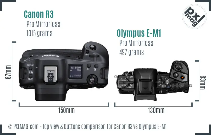 Canon R3 vs Olympus E-M1 top view buttons comparison
