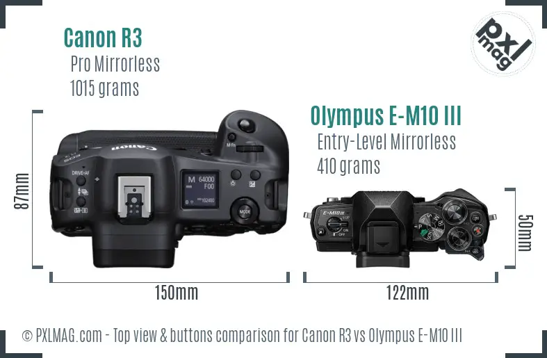 Canon R3 vs Olympus E-M10 III top view buttons comparison Canon R3 vs Olympus E-M10 III top view buttons comparison