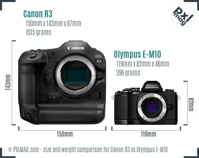 Canon R3 vs Olympus E-M10 size comparison