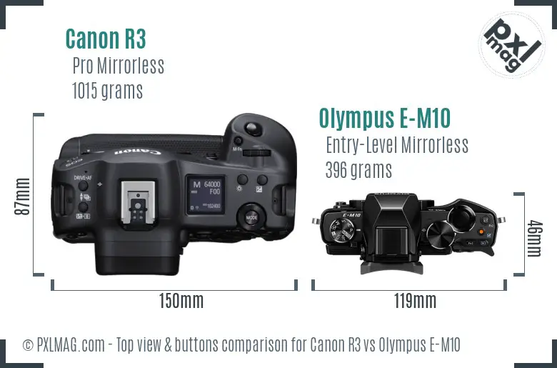 Canon R3 vs Olympus E-M10 top view buttons comparison