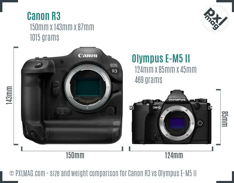 Canon R3 vs Olympus E-M5 II size comparison Canon R3 vs Olympus E-M5 II size comparison