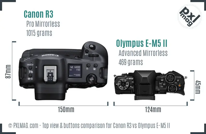 Canon R3 vs Olympus E-M5 II top view buttons comparison Canon R3 vs Olympus E-M5 II top view buttons comparison