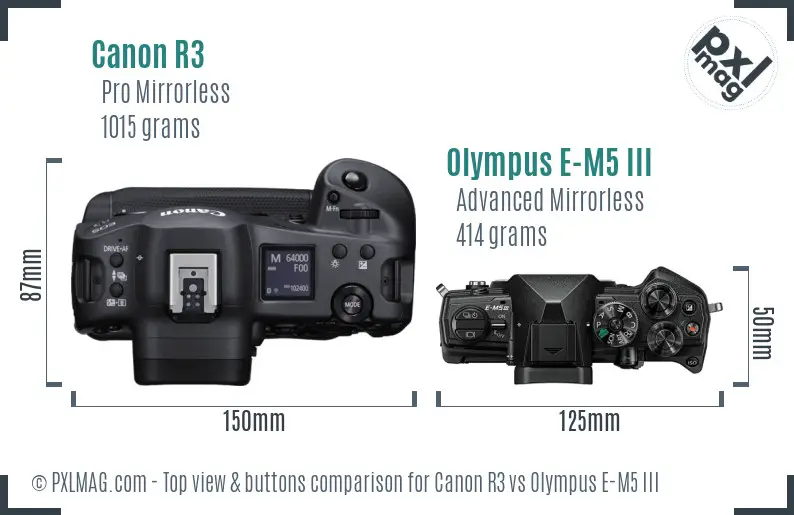 Canon R3 vs Olympus E-M5 III top view buttons comparison