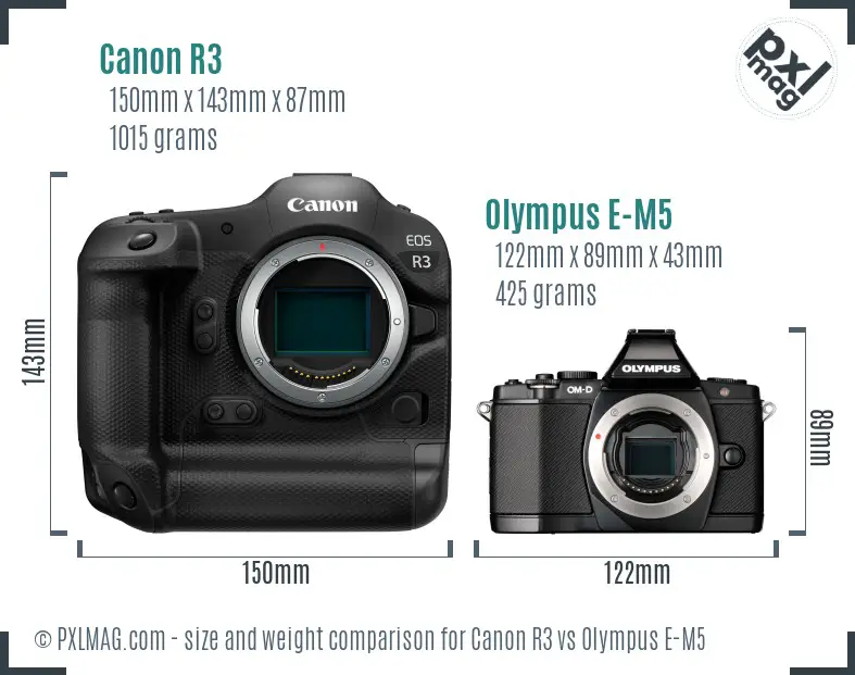 Canon R3 vs Olympus E-M5 size comparison