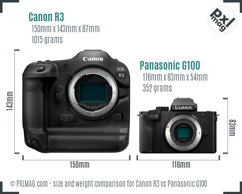 Canon R3 vs Panasonic G100 size comparison