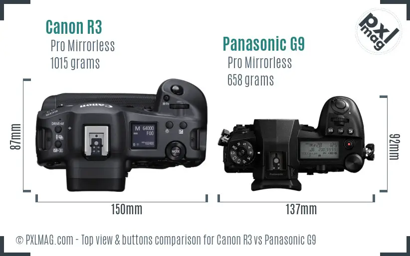Canon R3 vs Panasonic G9 top view buttons comparison