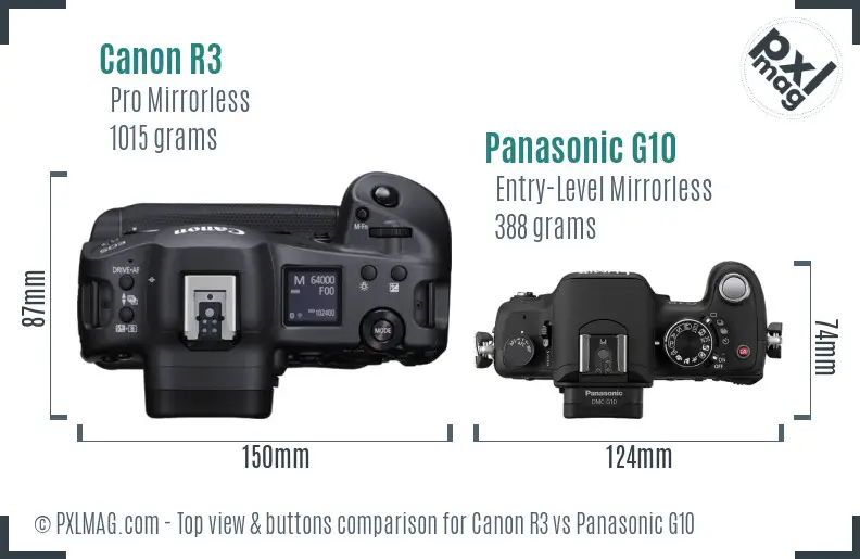 Canon R3 vs Panasonic G10 top view buttons comparison