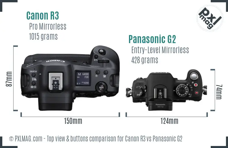 Canon R3 vs Panasonic G2 top view buttons comparison