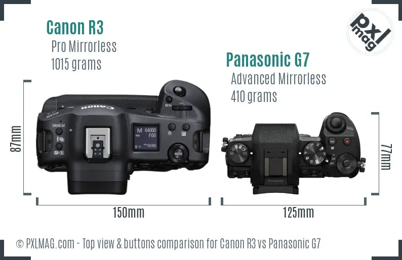 Canon R3 vs Panasonic G7 top view buttons comparison Canon R3 vs Panasonic G7 top view buttons comparison