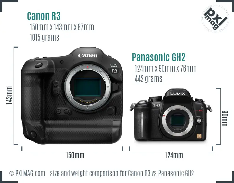 Canon R3 vs Panasonic GH2 size comparison