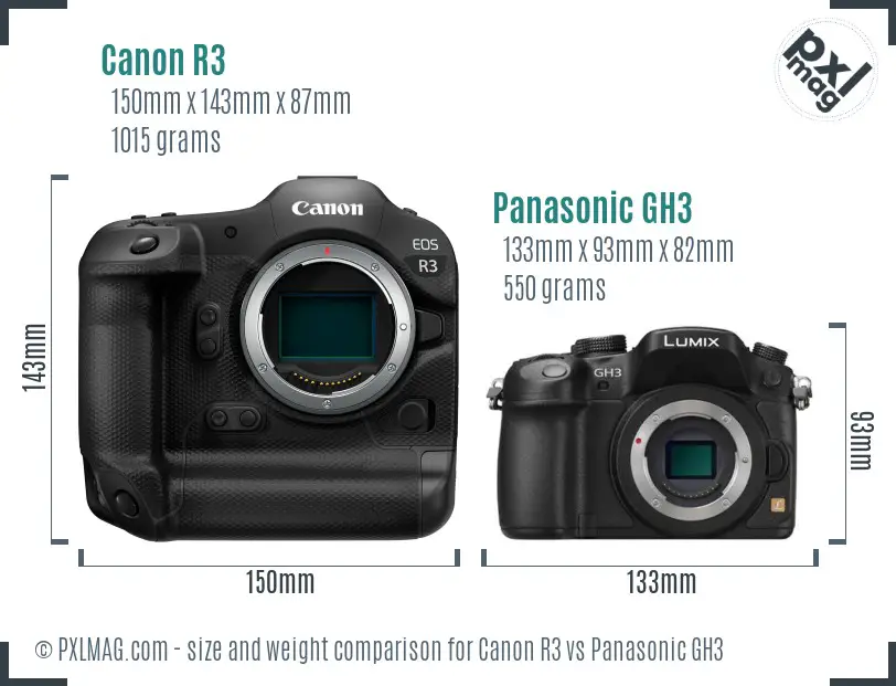 Canon R3 vs Panasonic GH3 size comparison