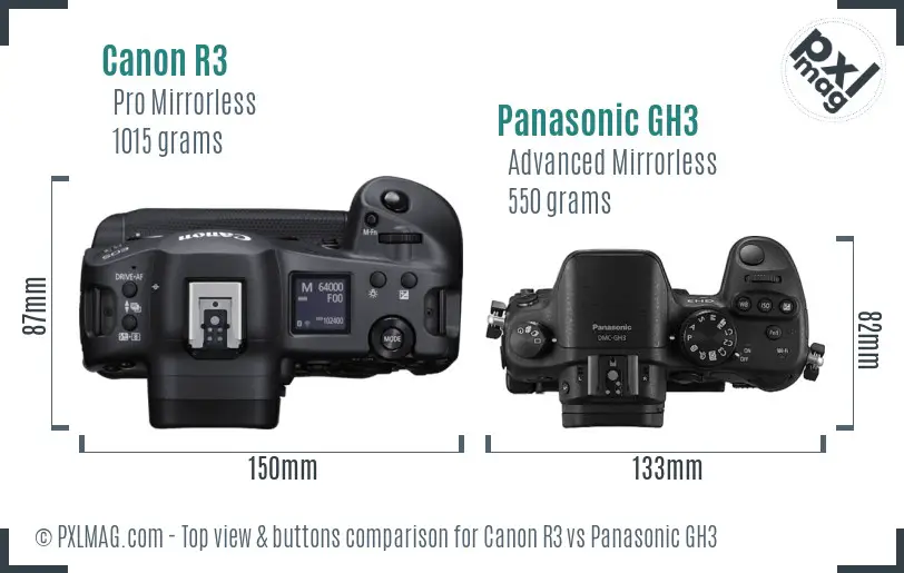 Canon R3 vs Panasonic GH3 top view buttons comparison