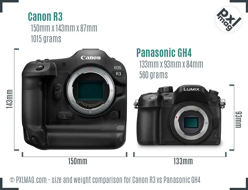 Canon R3 vs Panasonic GH4 size comparison