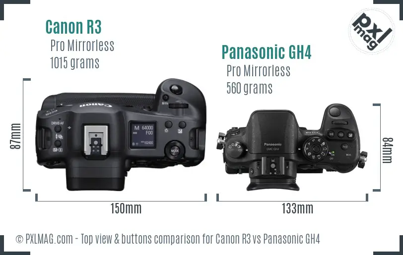 Canon R3 vs Panasonic GH4 top view buttons comparison