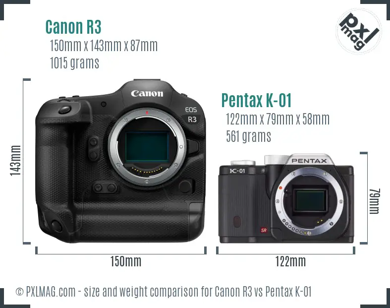 Canon R3 vs Pentax K-01 size comparison