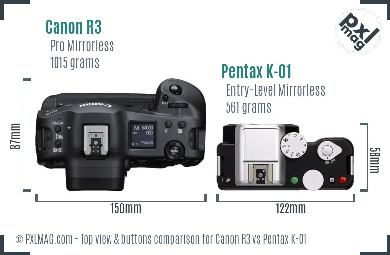 Canon R3 vs Pentax K-01 top view buttons comparison
