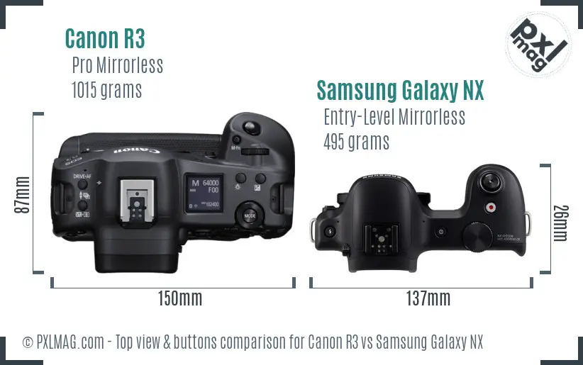 Canon R3 vs Samsung Galaxy NX top view buttons comparison