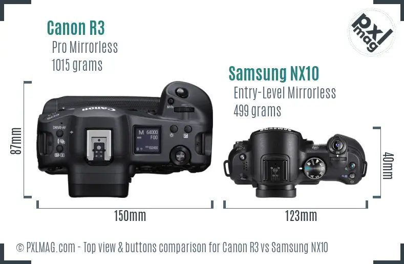 Canon R3 vs Samsung NX10 top view buttons comparison