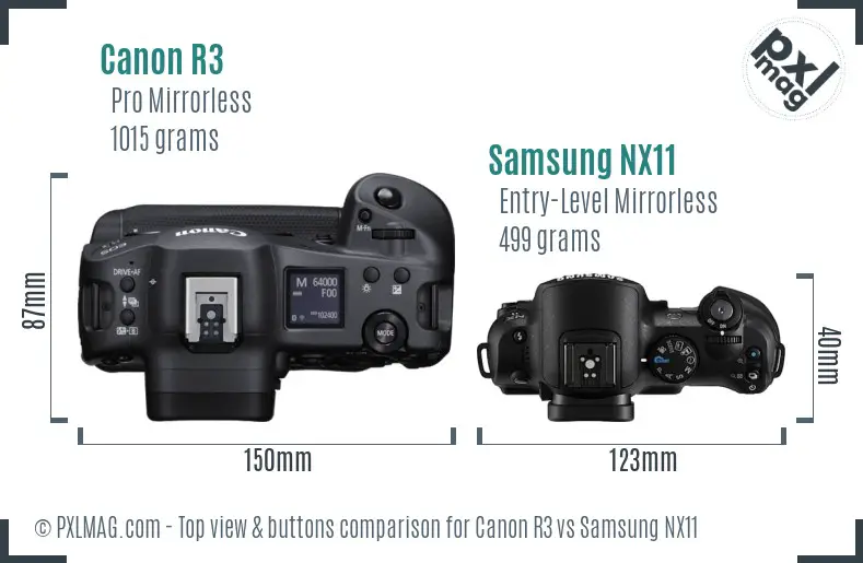 Canon R3 vs Samsung NX11 top view buttons comparison