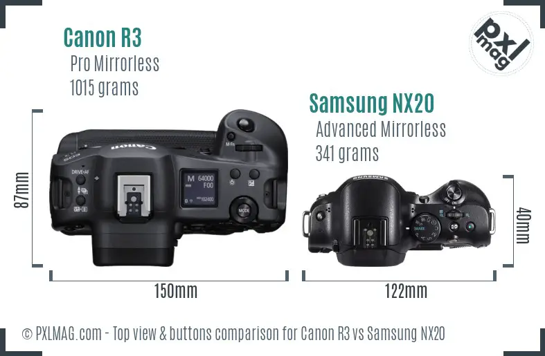 Canon R3 vs Samsung NX20 top view buttons comparison
