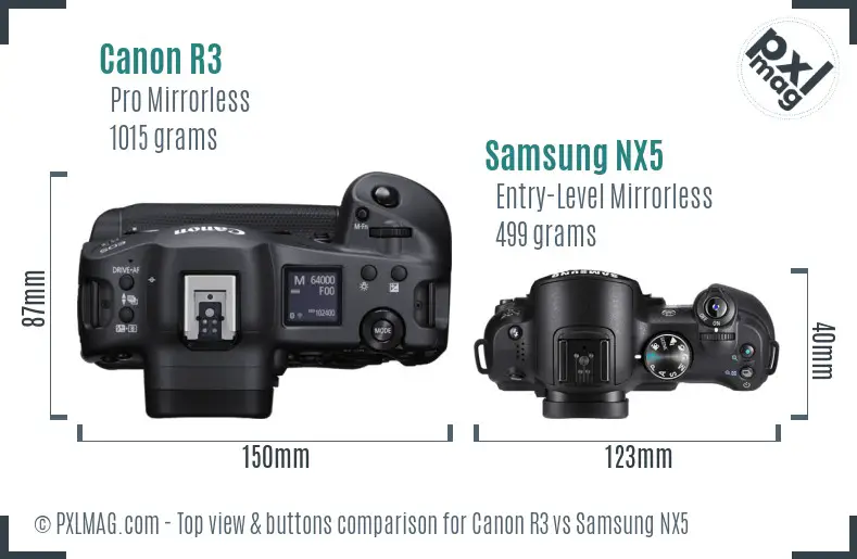 Canon R3 vs Samsung NX5 top view buttons comparison